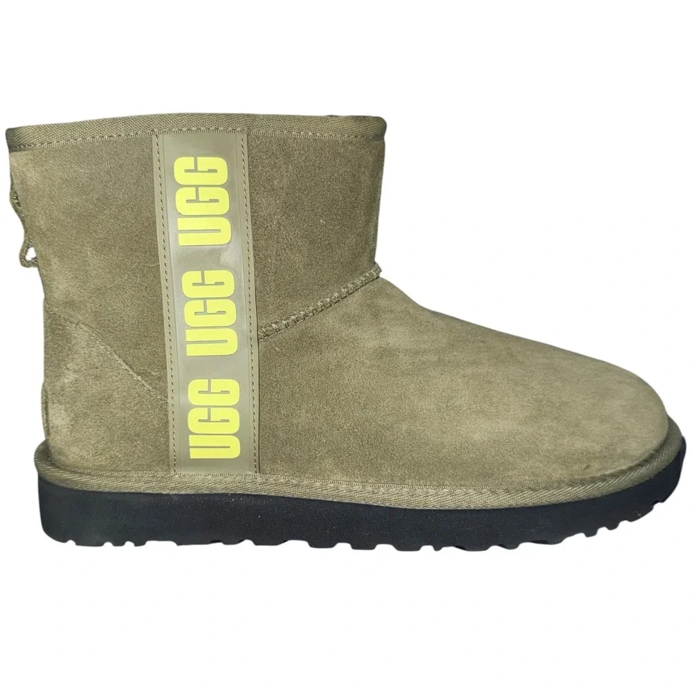 UGG Classic Mini Side Logo Ankle Boots Burnt Olive Shearling Lined Womens 8